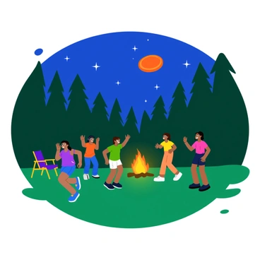 A group of campers is playing frisbee in a clearing surrounded by tall, dark green trees. The frisbee is flying through the air, a bright orange disc against the deep blue night sky filled with twinkling stars. Nearby, a glowing campfire flickers with warm yellow and orange flames, casting soft light on the campers' faces. The campers are wearing colorful t-shirts and shorts, some laughing and running while others are cheering. The ground is covered in green grass, and there are a few camping chairs set up around the campfire.