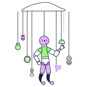 A marionette is suspended from a control bar, with strings extending downward. The marionette features a wooden body with jointed limbs, painted with intricate designs. Below the marionette, strings hang like delicate threads, each representing different thoughts and ideas. The thoughts appear as small, floating symbols and icons, including a light bulb, a heart, and gears, suspended at varying heights. The control bar above is an elegant, curved structure, made of polished wood, with the strings meticulously arranged. The overall composition emphasizes the connection between the marionette and its thoughts.