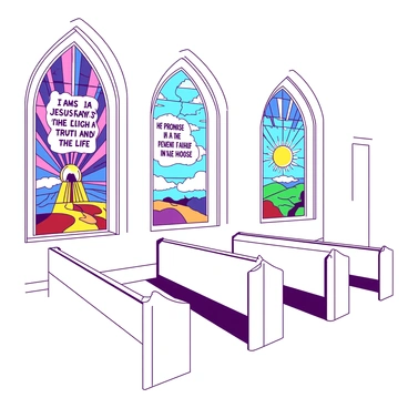 A white church interior features large stained glass windows depicting various scenes from "John 14." Each window showcases intricate designs, with vibrant imagery illustrating the comforting words of Jesus. The first window shows "Jesus saying, 'I am the way, the truth, and the life,'" surrounded by colorful rays of light. Another window portrays "the promise of a place in the Father's house," with a serene celestial landscape. The light filters through the glass, casting colorful shadows on the wooden pews below. The atmosphere is filled with a sense of peace and reflection, enhanced by the diverse patterns in the glass.