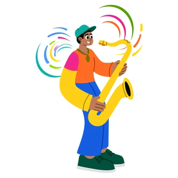 A musician playing a saxophone with a body fragmented into cubist-style blocks