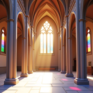 The interior of a Gothic cathedral with tall, arched ceilings and intricate stone carvings. Sunlight streams through colorful stained glass windows, casting vibrant patterns on the stone floor. Tall columns support the structure, reaching towards the ceiling. The atmosphere is filled with a sense of grandeur, highlighted by the soft glow of the light filtering through the glass. Ornate details can be seen in the architecture, including flying buttresses and decorative sculptures.