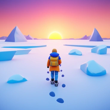 A lone polar explorer dressed in a thick, insulated winter jacket and snow pants is trekking across a vast glacier. The explorer is equipped with a backpack and snowshoes, leaving deep footprints in the fresh snow. The scene captures a stunning sunset ahead, with warm hues of orange, pink, and purple illuminating the sky. Jagged ice formations dot the glacier, reflecting the colors of the sunset. The explorer's breath is visible in the cold air, emphasizing the frigid atmosphere of the landscape.