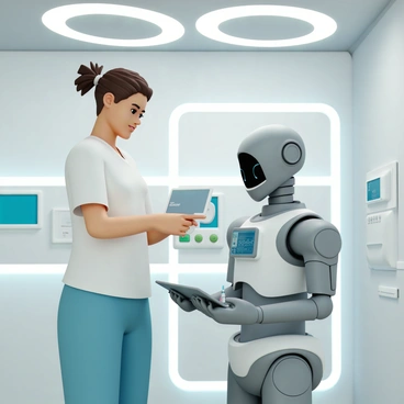 A nurse, wearing a sleek, form-fitting white uniform and blue scrubs, is standing in a high-tech hospital room. She has short brown hair styled in a practical bun and is focused on a console attached to a medical robot. The medical robot, with a smooth metallic surface and articulated arms, is equipped with various tools and screens displaying patient data. The room is illuminated by bright, overhead LED lights, featuring futuristic medical equipment and digital displays on the walls. The nurse is pointing at a tablet, while the robot is preparing a syringe with precision.