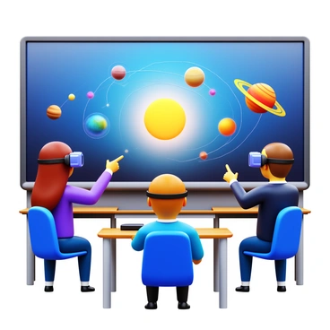 Students wearing augmented reality glasses, interacting with a 3D model of the solar system. The model displays planets orbiting a bright sun, with vibrant colors representing each planet. One student points at the rotating Earth, while another examines the detailed rings of Saturn. The classroom setting features futuristic technology and a large screen displaying additional information about the planets.