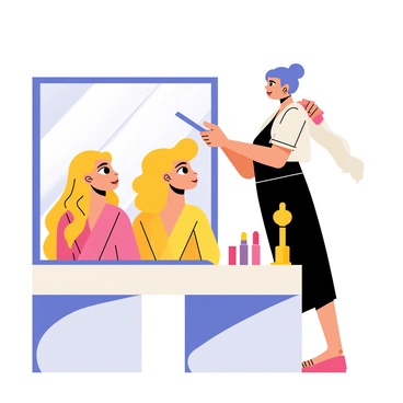 A stylist is standing behind a celebrity in a bright, modern dressing room. The celebrity has long, flowing hair that the stylist is skillfully curling with a large curling iron. The stylist is wearing a black apron and is focused on creating a glamorous hairstyle. In front of the celebrity is a large mirror reflecting their face, which has elegant makeup being applied. The celebrity is wearing a luxurious silk robe, with soft lighting illuminating the scene. Various makeup products, including lipsticks and eyeshadows in vibrant colors, are neatly arranged on a nearby table. A small Oscar statue is visible in the corner, hinting at the upcoming ceremony.
