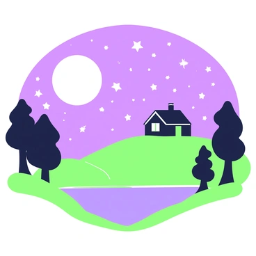 A night sky is filled with numerous stars twinkling brightly. A large moon hangs prominently in the sky, casting a gentle light over the scene. Below the moon, a quiet landscape stretches out, featuring rolling hills and a calm body of water reflecting the moonlight. Silhouetted trees frame the edges of the landscape, their branches gently swaying in the night breeze. In the distance, a small cottage with a chimney is visible, its windows glowing softly from the inside.