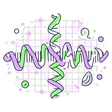 An illustration depicting the intricate folding of RNA into complex structures. In the center, a long strand of RNA is shown with distinct segments looping and twisting into various shapes. Surrounding the RNA strand, there are smaller molecular components that interact with it, including ribosomes and proteins. The background features a grid pattern that emphasizes the molecular scale of the scene. Several highlighted areas on the RNA showcase the different structural configurations it can adopt. Each fold and twist is clearly defined, providing a detailed view of the RNA's complexity.