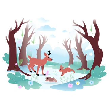 A forest with charred tree trunks scattered throughout, showing the aftermath of a fire. Bright green shoots and small plants are emerging from the ground, indicating new growth. A small deer is seen cautiously stepping through the underbrush, while a rabbit hops nearby among the fresh greenery. Colorful wildflowers are sprouting in patches, adding vibrancy to the recovering landscape. Sunlight filters through the remaining branches, casting soft light on the scene.