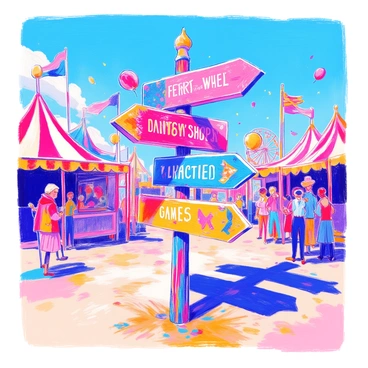 A creative directional signpost is positioned at a fair, made of painted wood in various bright colors. The signpost features multiple arrows pointing in different directions, each decorated with playful designs and text. Some arrows indicate attractions like "Ferris Wheel," "Candy Shop," and "Games." The signpost is surrounded by vibrant fairground elements such as colorful tents, balloons, and excited visitors. Sunlight casts dynamic shadows, enhancing the lively atmosphere of the fair.