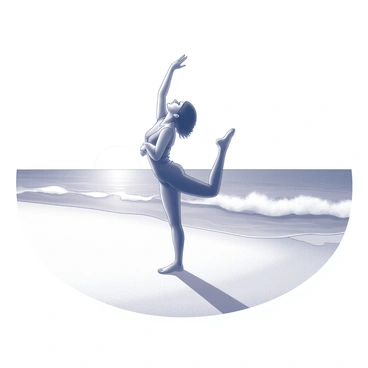 An individual standing on one leg, gracefully holding a yoga pose. The person's arms are extended, with one hand reaching upwards and the other reaching out to the side for balance. The sand is smooth and the waves gently lap at the shore in the background. The horizon shows a rising sun, casting long shadows and creating a calm atmosphere. The beach is empty, emphasizing the focus on the individual in the pose.