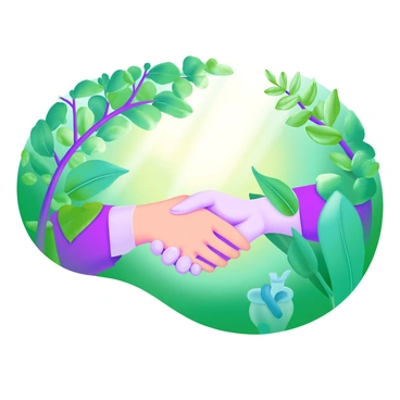 Two hands emerging from dense green foliage, clasping together in a handshake. The hands are partially obscured by vibrant leaves and twigs, with sunlight filtering through the canopy above, creating dappled light on the scene. The background consists of various shades of green, featuring different types of leaves and plant life, adding depth to the lush forest environment. The focus is on the connection and gesture of the handshake, symbolizing unity amidst the natural surroundings.