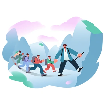 A figure resembling Rimbaud is leading a group of adventurers through a rugged mountain pass. The landscape features steep, rocky cliffs with patches of green vegetation. The adventurers are dressed in hiking gear, carrying backpacks and walking sticks. They are positioned in a formation behind Rimbaud, who is wearing a long coat and looking confidently ahead. The sky is filled with gradient pastel colors, blending pinks and blues, illuminating the scene as the group navigates the challenging terrain.