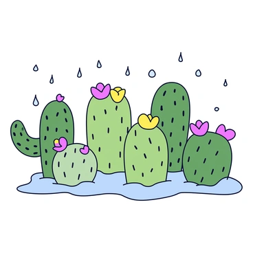 A group of cacti in various shapes and sizes is positioned against a simple backdrop. Each cactus has distinct features, with some adorned with vibrant flowers in shades of pink and yellow. Delicate droplets of rain are falling gently, creating a light sheen on their surfaces. The droplets are catching light and sparkle like tiny jewels. The ground beneath the cacti is depicted with gentle curves, emphasizing the whimsical nature of the scene.