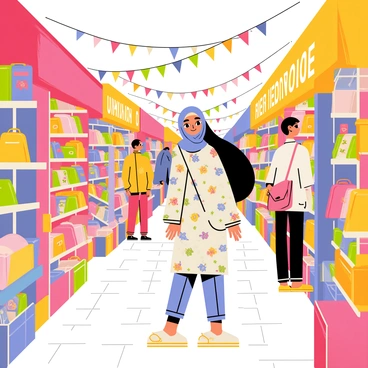 A hijab-wearing girl with long black hair is browsing through a vibrant vintage market. She is wearing a light blue hijab and a colorful patterned dress. The market is filled with an array of colorful stalls, each displaying a variety of vintage items such as retro clothing, accessories, and handmade crafts. Brightly colored banners and decorations hang above the stalls, adding to the lively atmosphere. Other shoppers are seen in the background, exploring the market and engaging in conversations. The ground is cobblestone, contributing to the vintage feel of the scene.