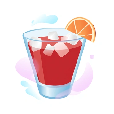 A classic negroni cocktail is placed in a short glass filled with ice cubes. The drink has a rich, deep red color. An orange twist garnish is elegantly resting on the rim of the glass. The background features soft, gradient pastel colors that create a warm and inviting atmosphere.