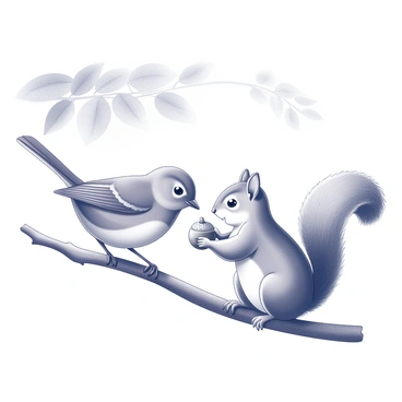A robin and a squirrel are positioned closely together on a branch. The robin, with its round body and distinctively curved beak, is pecking at an acorn held between them. The squirrel, with its bushy tail and nimble paws, is reaching towards the acorn, showcasing its playful and curious nature. Sunlight filters through the leaves above, creating dappled shadows on the branch. The scene depicts a sense of companionship as both animals appear engaged in their shared snack.