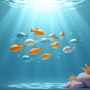 A school of fish, each with shiny scales reflecting light, swims together in a synchronized movement through the deep blue sea. The fish vary in size and color, with some being vibrant orange, others silver, and a few blue. The water is filled with bubbles trailing behind them, and the light from above creates an enchanting pattern on the ocean floor. Small coral formations can be seen in the background, adding texture to the underwater scene.