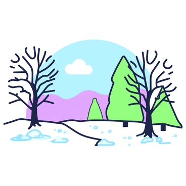 A winter landscape features a serene scene with several trees, their branches covered in frost. The trees stand tall and majestic, exhibiting intricate frost patterns. In the background, a clear blue sky stretches across the horizon, enhancing the overall tranquility of the scene. The ground is blanketed with a layer of soft, white snow, reflecting the sunlight. Small patches of frost glisten on the surface of the snow, while a few distant hills are visible beyond the trees.