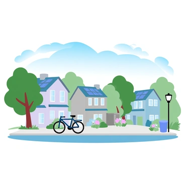 A neighborhood street lined with houses, each featuring solar panels on their rooftops. The houses vary in design, with some having balconies and gardens. Trees are planted along the sidewalk, providing greenery and shade. The sky above is bright blue with a few fluffy white clouds scattered. A bicycle is parked near the curb, and a trash bin is placed beside a colorful flower bed. A streetlight stands tall beside the sidewalk, illuminating the area subtly.