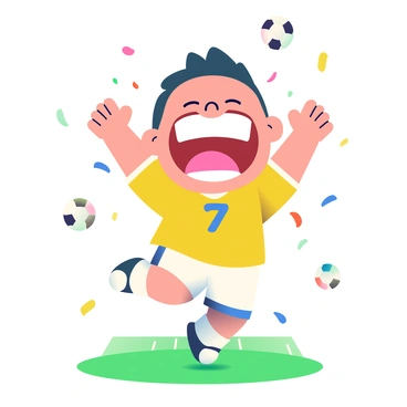 A chibi version of "Cristiano Ronaldo" is depicted celebrating a goal on a vibrant green soccer field. He has a large, oversized grin that highlights his excitement. His hair is styled in a short, spiky manner, and he is wearing a classic soccer jersey with the number "7" on it. His arms are raised high in the air, and his eyes are wide with joy. Around him, there are colorful confetti and small animated soccer balls floating in the air, emphasizing the celebratory atmosphere.