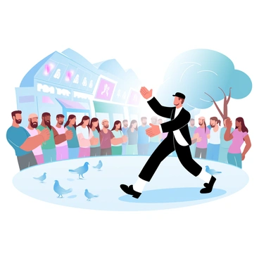 A mime artist is performing in a bustling city square filled with passersby. The mime is dressed in classic black and white attire, with a beret on their head, and is surrounded by a small crowd watching intently. The artist is creating an invisible wall, with one hand pressed against it and a focused expression. Colorful storefronts and lively street decorations are visible in the background, along with a few trees lining the square. People in casual clothing are observing the performance, some smiling and others taking photos. A few pigeons are scattered on the ground nearby.