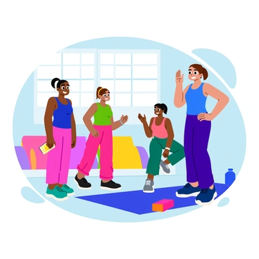 A fitness instructor with a bright blue tank top is demonstrating a pelvic tilt exercise in a spacious gym. The instructor stands on a colorful exercise mat, with one hand on their hip and the other raised to guide the group. In front of the instructor, there are three people of varying fitness levels, each wearing matching workout clothes. One participant is mimicking the exercise closely, while another is adjusting their form. The third person is attentively watching and taking notes on a small notepad. The atmosphere is energetic, and a large mirror on the wall reflects the group and their movements. A water bottle and yoga blocks are placed nearby on the mat.