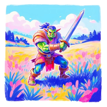 An orc with green skin and prominent tusks is swinging a large sword in an open field. He has a muscular build, wearing leather armor that shows signs of wear. His brow is furrowed in concentration as he performs a series of sword swings, the blade glinting in the sunlight. Around him, the grass is vibrant green, and a few trees can be seen in the distance. The orc’s feet are planted firmly on the ground, showcasing his strength and determination.