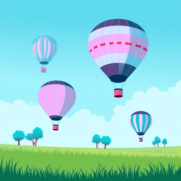 A vast field dotted with vibrant hot air balloons in various colors and patterns. Each balloon is uniquely designed, featuring stripes, polka dots, and geometric shapes. The balloons are in the process of ascending into a clear blue sky, their large, round envelopes catching the sunlight. Below, the grass in the field is lush and green, swaying gently in the breeze. In the distance, a few trees can be seen, providing a picturesque backdrop to the scene. The scene conveys a sense of adventure and freedom as the balloons rise higher into the sky.