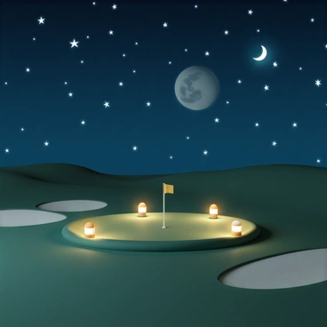 A golf hole with a flag planted in the center, surrounded by a well-manicured green. The scene is illuminated by several glowing lanterns placed around the hole, casting a warm light on the grass. In the background, a deep blue night sky is filled with numerous bright stars, twinkling in various sizes and brightness. The moon is visible, casting subtle shadows on the course. The atmosphere conveys a peaceful yet vibrant evening setting for a round of golf.