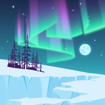 A breathtaking scene of the "northern lights" showcasing vibrant green and purple hues that dance across the night sky. Below, a "frozen landscape" of smooth, white snow stretches out, dotted with jagged ice formations. The moonlight casts a soft glow on the snow, highlighting the texture and shimmer. In the foreground, a cluster of dark, leafless trees protrudes from the snow, silhouetted against the colorful aurora overhead. Stars twinkle in the clear sky, enhancing the overall ethereal atmosphere of the scene.