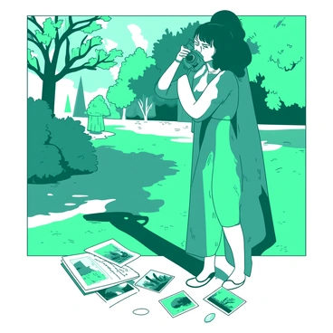 A teal photographer is standing in a lush green park, holding a vintage camera up to her eye as she focuses on capturing a moment. Sunlight filters through the trees, casting dappled shadows on the ground. On the ground around her, there are several photographs scattered, each depicting different scenes of life, like laughter, love, and nature. The photographer has an expression of deep concentration, and a small notebook lies open beside her, filled with notes and thoughts about the lessons learned through the act of photography. The scene conveys a sense of connection between the photographer and the world around her.