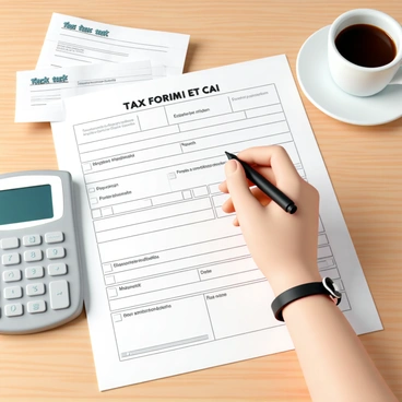 A 3D illustration of a tax form being filled out with a calculator next to it