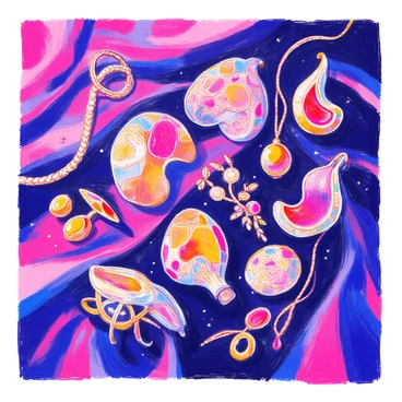 Intricate jewelry inspired by the shape of labia, displayed on a velvet surface.