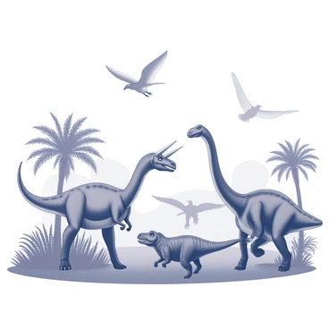 A variety of extinct animals are depicted in a prehistoric landscape. There is a towering "brachiosaurus" with a long neck, grazing on the treetops. Nearby, a "triceratops" with three distinctive facial horns stands protectively over its young. In the background, a "pterodactyl" soars across the sky, its wings spread wide. The ground is scattered with ferns and large cycads, creating a dense, green underbrush. A distant "tyrannosaurus rex" can be seen moving through the trees, its powerful stance imposing in the scene. The overall atmosphere suggests a thriving ecosystem from a time long past.