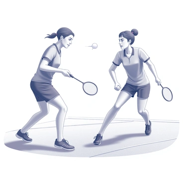 Two players exchanging strategic glances during a crucial moment in their badminton match.