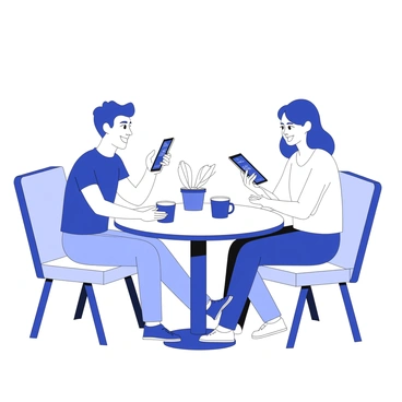 Two friends are sitting at a small round table in a cafe. Each friend is holding a smartphone in their hands. They are engaged in conversation while one friend shows the screen of their phone to the other. On the phones' displays, there are visible app interfaces indicating a money transfer. The cafe has a cozy atmosphere, with coffee cups placed on the table and a few potted plants in the background. The friends are smiling, highlighting their enjoyment of the moment as they complete the transaction.