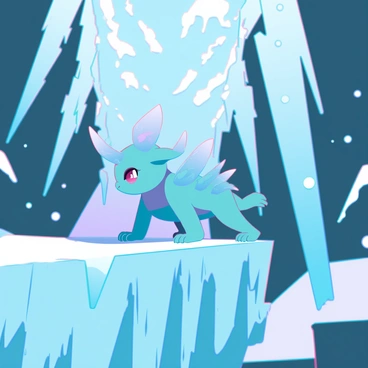 A rare Pokémon with iridescent scales and intricate patterns is navigating through a deep canyon. The canyon walls are steep and lined with sharp ice formations that glisten in the light. The ground is covered in a layer of snow, while the air is filled with swirling snowflakes. The Pokémon is carefully making its way over a narrow ledge, its eyes focused ahead. In the background, towering icicles hang from the cliffs, casting intricate shadows on the icy surface below.