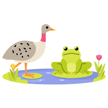 A guinea fowl with a speckled gray and white body stands on one side of a small, tranquil pond. Its distinctive round head and short neck are turned slightly, showcasing its curious expression. Next to the guinea fowl, a bright green frog with smooth skin sits comfortably on a lily pad. The frog's big, bulging eyes create a friendly appearance. The pond is surrounded by lush green grass and a few colorful wildflowers scattered around. Reflections of the guinea fowl and frog can be seen in the clear water, adding to the charm of the scene.