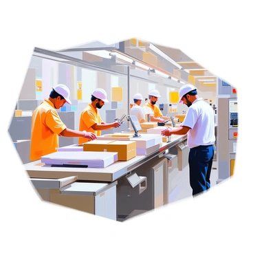 An assembly line depicting various stages of production for a global brand. The scene includes several workstations with workers engaged in different tasks. At the beginning of the line, raw materials are being unloaded and organized. The next station features employees carefully assembling components together. Following this, another worker applies quality control measures, inspecting the products for consistency. The final stage shows finished products being packaged and labeled for distribution. Various machinery and tools are present throughout the assembly line, contributing to the bustling atmosphere of productivity.