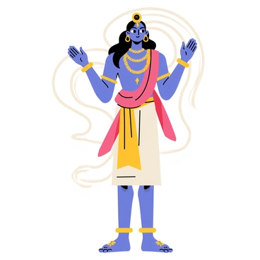 A benevolent figure of "Shiva" is depicted, standing with a serene expression. He has long, flowing hair adorned with "crescents" and "snakes." His right hand is extended outward in a gesture of "blessing," while his left hand holds a small "trident." The figure is dressed in a traditional attire with "ornate jewelry" and a "colorful shawl" draped over his shoulders. The background features swirling patterns that complement the figure's movement, enhancing the sense of tranquility.