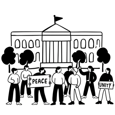 A group of protesters standing in front of a large government building. They are holding signs with the words "Unity" and "Peace" prominently displayed on them. The protesters show a diverse range of clothing styles. Some individuals are wearing jackets, while others are dressed in casual attire. The architecture of the government building features grand columns and large windows. There are trees lining the pathway in front of the building, adding to the scene. Banners and flags can be seen among the crowd, emphasizing the themes of unity and peace.