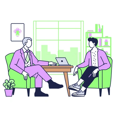 An experienced mentor with graying hair sits comfortably in an armchair, engaged in conversation with a young entrepreneur who is seated across from him. The mentor is wearing a tailored suit with a patterned tie, while the entrepreneur is dressed casually in a button-up shirt and jeans. A wooden desk is present between them, cluttered with notebooks and a laptop. The office is filled with bookshelves lined with various books, and a large window lets in natural light, revealing a view of a city skyline. A potted plant sits in the corner, adding a touch of liveliness to the cozy atmosphere.