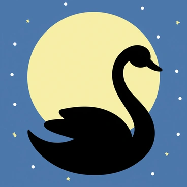 A black silhouette of a swan with an elegant neck and outstretched wings is centered against a large, glowing full moon. The moon's surface details are faintly visible, enhancing its round shape. The background features a deep blue starry night sky, filled with small, bright stars scattered throughout. The contrast between the swan's dark outline and the luminous moon creates a striking visual effect, emphasizing the tranquility of the night scene.