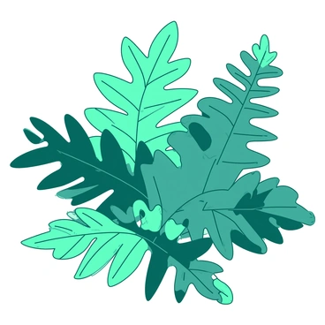 A teal background features a collection of fern leaves, showcasing their intricate textures and patterns. Each leaf is delicately positioned, revealing the fine details of their serrated edges and the complex vein structures. The ferns vary in size, with some larger leaves prominently displayed in the foreground, while smaller ones create a layered effect in the background. The lighting highlights the glossy surfaces of the leaves and casts soft shadows, accentuating their distinctive shapes and vibrant colors.