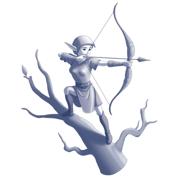 An elf archer perched on a tree branch, aiming with a beautifully carved bow