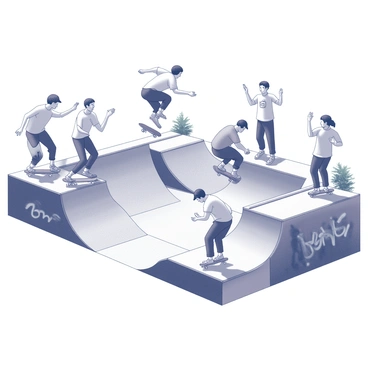 A skatepark filled with energetic skaters performing tricks on various ramps and rails. One skater is mid-air executing a kickflip, while another is grinding on a rail. The park is surrounded by graffiti-covered walls and features various ramps and bowls. Skaters are wearing colorful apparel, including baggy pants and graphic t-shirts. Some skaters are cheering on their friends, creating an atmosphere of excitement and activity. In the background, there are spectators watching the action and a few trees peeking over the edge of the skatepark.