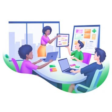 A modern pastel illustration featuring a young and dynamic board of directors in a tech company setting. There are five diverse individuals gathered around a sleek, oval conference table. Each person has a laptop open in front of them, and vibrant sticky notes are scattered on the table. One person, a woman with curly hair, is standing and animatedly presenting ideas using a digital tablet, while others are engaged in discussion. The room has large windows with cityscape views, and a whiteboard filled with colorful diagrams and ideas is behind them. The atmosphere conveys collaboration and innovation among the team.