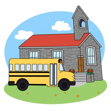 A yellow school bus with black stripes is parked directly in front of an old stone schoolhouse. The schoolhouse has a textured gray stone exterior with a sloping red roof and a tall, narrow bell tower at the top. The windows of the schoolhouse are framed in white, and there are a few colorful flower pots placed on the stone steps leading to the entrance. In the foreground, a grassy area surrounds the bus, with a few scattered autumn leaves on the ground. The sky is clear blue with a few fluffy white clouds.