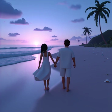 A serene beach at twilight, with gentle waves lapping at the shore. The sky is filled with hues of deep blue and purple as the sun sets on the horizon. A couple is walking hand in hand along the wet sand, their silhouettes standing against the colorful sky. The woman is wearing a flowing dress that lightly sways with the breeze, while the man is dressed in a simple light shirt and shorts. In the background, a few seashells are scattered on the sand, and distant palm trees frame the scene.