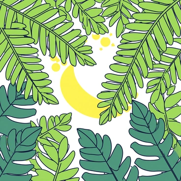 A dense canopy of green ferns fills the image, with bright sunlight filtering through the leaves. The sunlight creates playful patterns as it shines down, casting intricate shadows on the ground below. The shadows form an interesting mosaic of shapes and textures, contrasting with the rich green of the ferns.